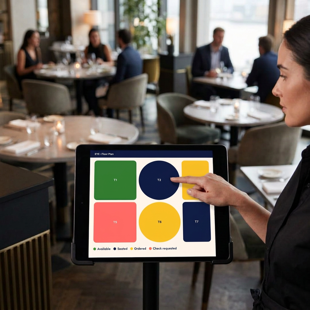 Illustration of a host checking colour-coded EYE table statuses in a dining room