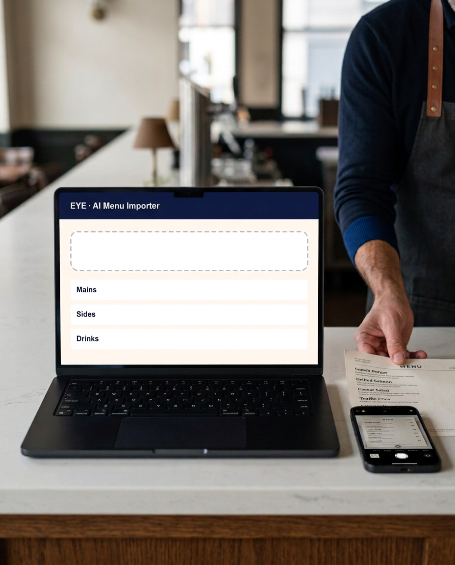 Illustration of a restaurant owner importing a paper menu into EYE using a laptop and phone