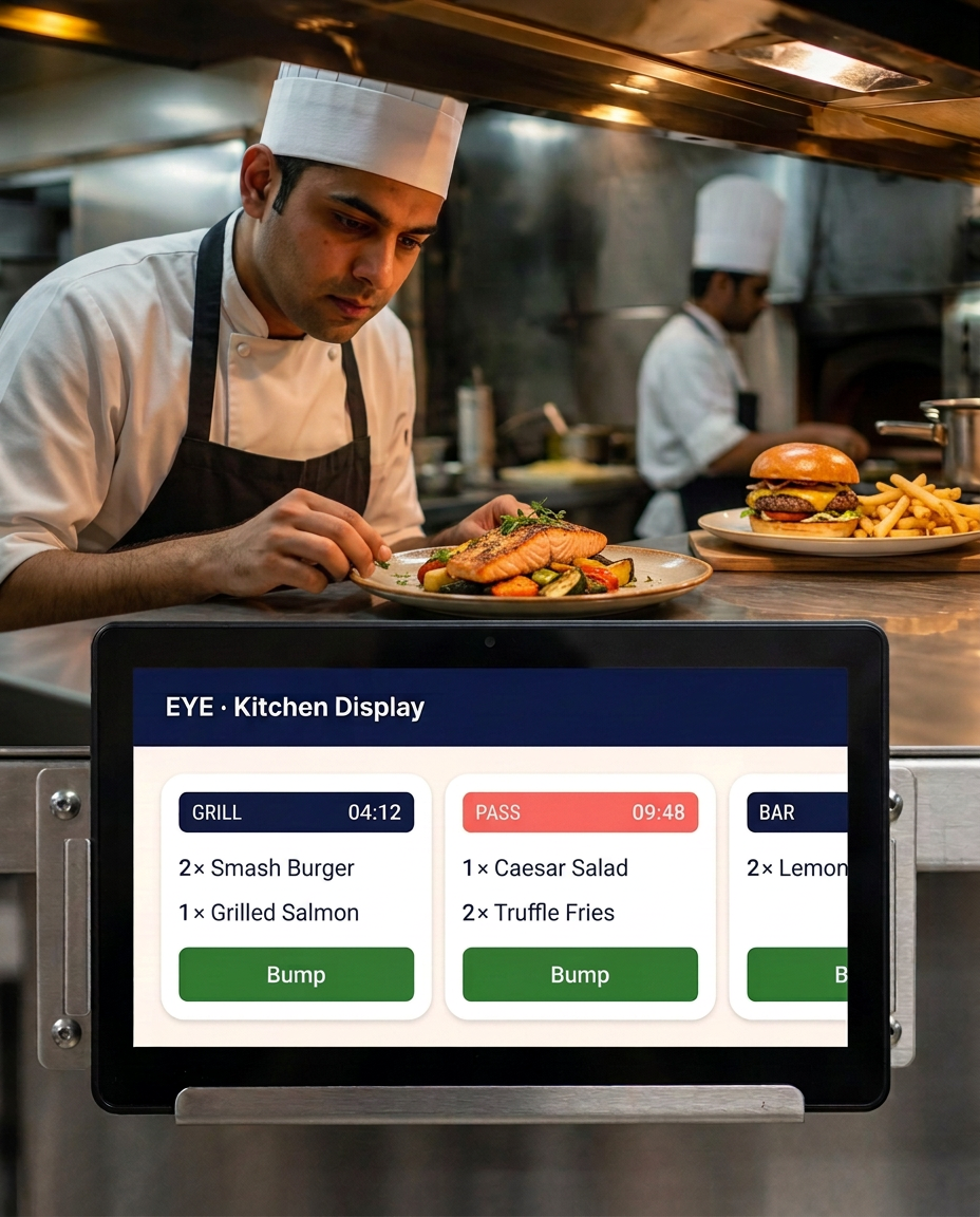 Illustration of a Western bistro kitchen showing EYE tickets beside a chef plating grilled salmon