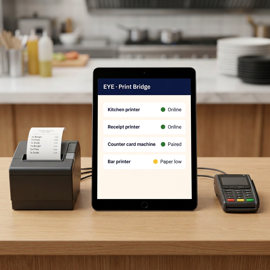 Illustration of EYE device statuses beside a working receipt printer and card machine