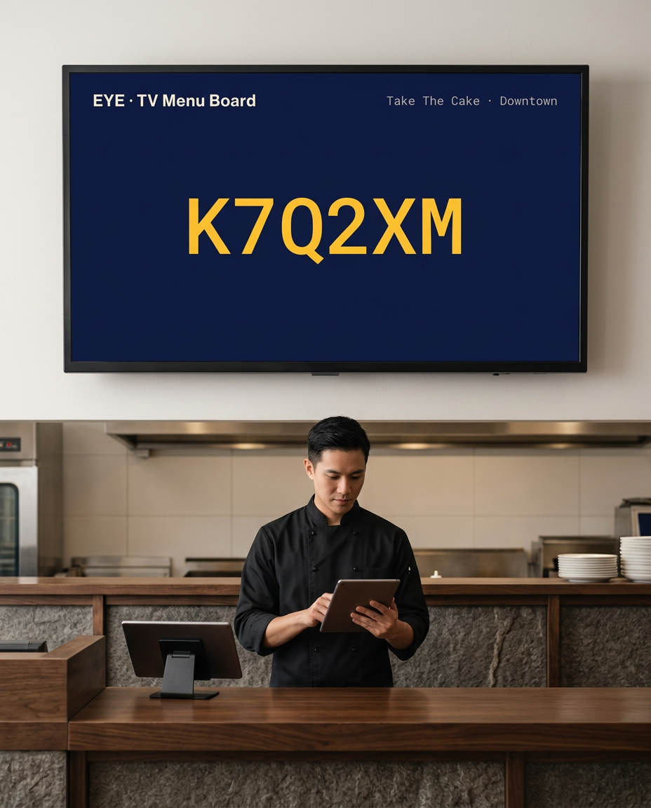 Illustration of an EYE wall-mounted restaurant menu and promotion display